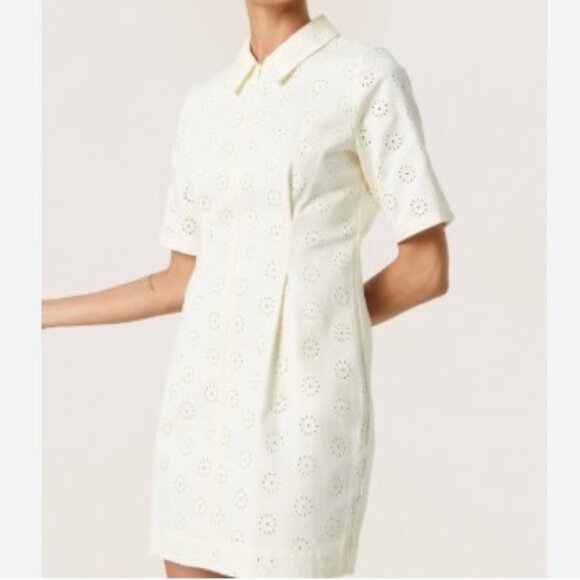 SOAKED White Casual Eyelet Zip Down Shirt Dress with Short Sleeves - Picture 1 of 13